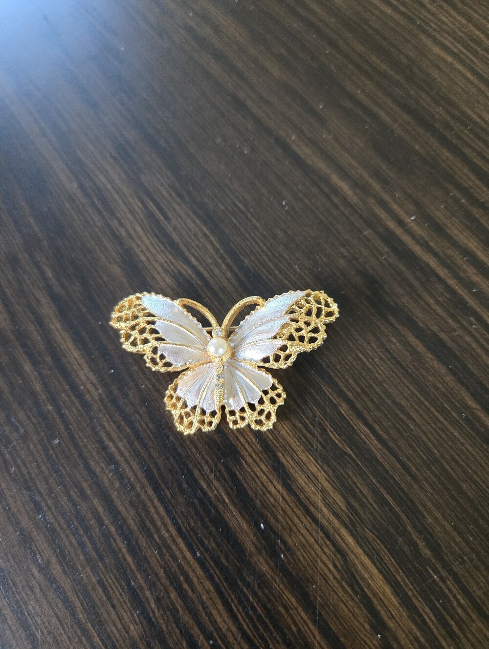 BSK Gold-Tone Butterfly Brooch with White Enamel and Pearl